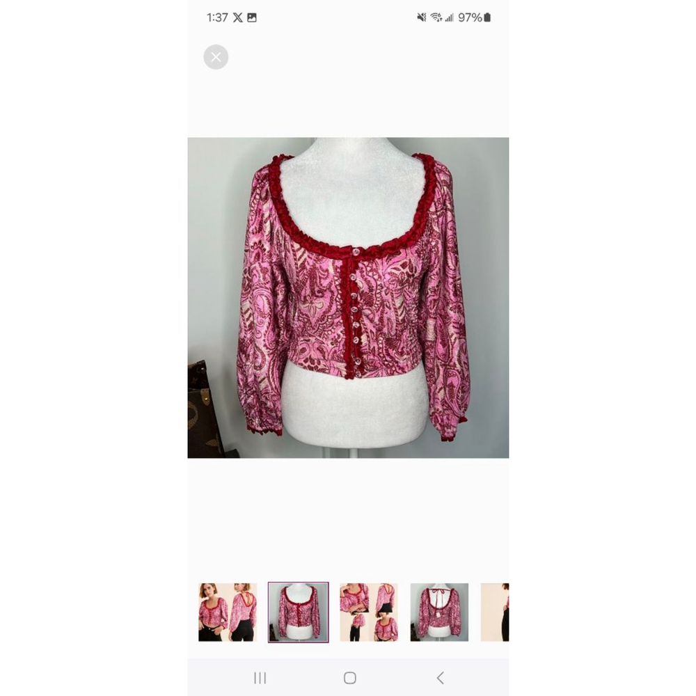 Free People Pink Red Paisley Long Sleeve Crop sz S festival Renaissance blouse - Picture 13 of 13
